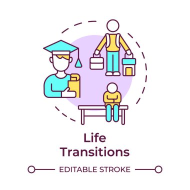 Yaşam geçişleri çok renkli konsept simgesi. Yer değiştirme, sosyoloji. Toplum, toplum. Yuvarlak şekil çizimi. Soyut bir fikir. Grafik tasarımı. Bilgide ve sunumda kullanması kolay