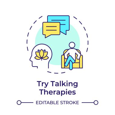 Terapiler hakkında konuşmayı deneyin. Çok renkli konsept simgesi. Psikoterapi, akıl sağlığı. Yuvarlak şekil çizimi. Soyut bir fikir. Grafik tasarımı. Bilgide ve sunumda kullanması kolay