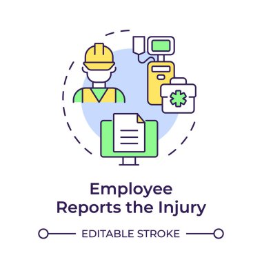 Çalışanlardan yaralanma raporu çok renkli konsept simgesi. Sağlık hizmeti, sağlık hizmeti. İşçi hastalığı. Yuvarlak şekil çizimi. Soyut bir fikir. Grafik tasarımı. Bilgide ve sunumda kullanması kolay