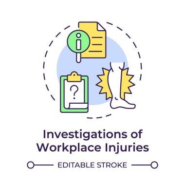 İşyeri yaralanmaları çok renkli konsept ikonu araştırıyor. Sağlık raporu, işçi hastalığı. Yuvarlak şekil çizimi. Soyut bir fikir. Grafik tasarımı. Bilgide ve sunumda kullanması kolay