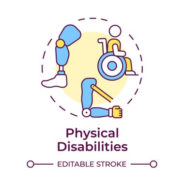 Fiziksel engeller çok renkli konsept simgesi. Ampüte rehabilitasyon, sakatlık. Yuvarlak şekil çizimi. Soyut bir fikir. Grafik tasarımı. Bilgide ve sunumda kullanması kolay