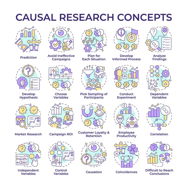 stock vector Causal research multi color concept icons. Investigation. Market research. Study market for business development. Icon pack. Vector images. Round shape illustrations. Abstract idea