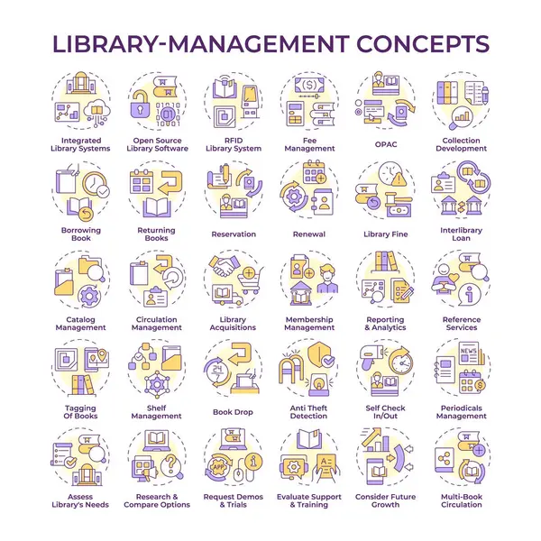 stock vector Library management multi color concept icons. Software for books managing. Security measures. Book circulation system. Icon pack. Vector images. Round shape illustrations. Abstract idea