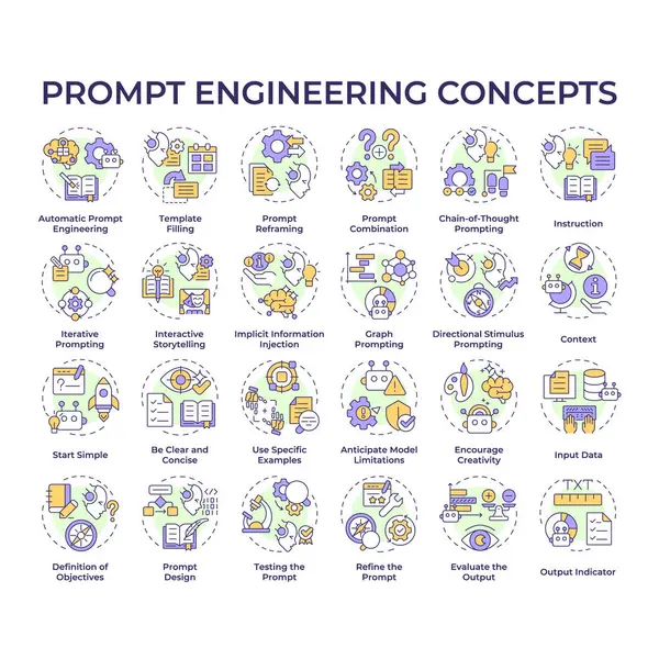 Stock vector Prompt engineering multi color concept icons. Conversational artificial intelligence. Design instruction for ai. Generate response. Icon pack. Vector images. Round shape illustrations. Abstract idea