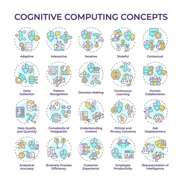 stock vector Cognitive computing multi color concept icons. Artificial intelligence. Computational thinking. Data science. NLP. Icon pack. Vector images. Round shape illustrations. Abstract idea