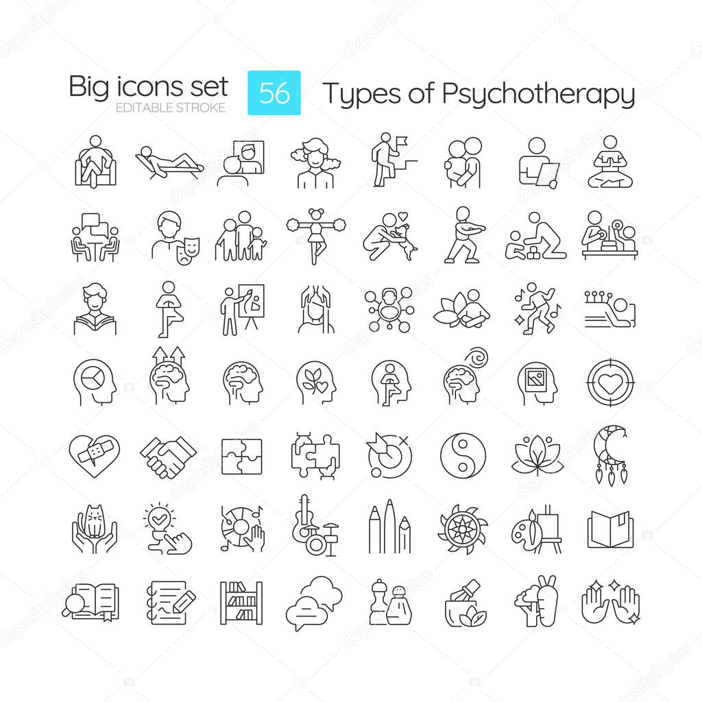 Types of psychotherapy linear icons set. Creativity expression, psychoanalysis. Meditation spirituality, dosha. Customizable thin line symbols. Isolated vector outline illustrations. Editable stroke