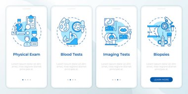 Gezici uygulama ekranında kanser teşhisi mavisi. Doğrusal kavramlarla düzenlenebilir grafik yönergelerini dört adımda gözden geçir. UI, UX, GUI şablonu. Montserrat Yarı Kalın, Düzenli yazı tipleri
