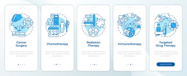 Gezici uygulama ekranında mavi kanser tedavisi. Doğrusal kavramlarla düzenlenebilir grafik yönergelerini 5 adımda gezdir. UI, UX, GUI şablonu. Montserrat Yarı Kalın, Düzenli yazı tipleri