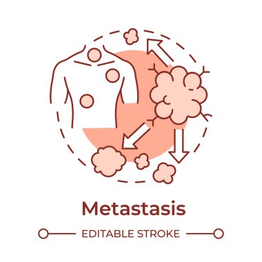 Metastaz yumuşak kırmızı konsept ikonu. TNM sistemi. Kanser yayılmış. Patojenik tümör. İkincil kanser. Yuvarlak şekil çizimi. Soyut bir fikir. Grafik tasarımı. Makalede kullanması kolay