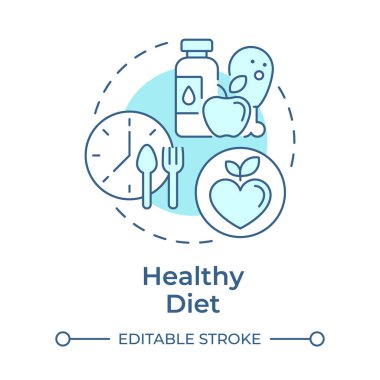 Sağlıklı diyet yumuşak mavi konsept ikonu. Kanseri önleme. Sağlıklı beslenme. Diyet yapıyorum. Dengeli beslenme. Yuvarlak şekil çizimi. Soyut bir fikir. Grafik tasarımı. Broşürde kullanması kolay