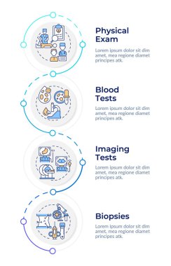 Kanser teşhisi, bilgi tasarımı şablonu. Tıbbi görüntüleme. Biyopsi, kan testi. Veri görselleştirmesi ve 4 seçenek. Dikey akış şemasını işleyin. Montserrat Yarı Kalın, Lato Düzenli yazı tipleri