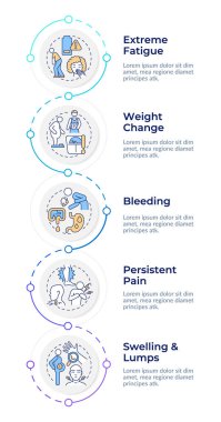 Kanser belirtileri bilgi tasarım şablonu. Kronik hastalık belirtileri. Kilo değişimi. Veri görselleştirmesi ve 5 seçenek. Dikey akış şemasını işleyin. Montserrat Yarı Kalın, Lato Düzenli yazı tipleri