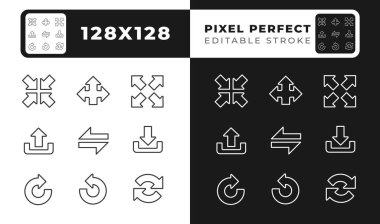 Ara yüz ok doğrusal simgeleri karanlık, aydınlık mod için ayarlandı. Yön okları. Döngüsel hareketler. Sembolleri yükle, indir. Gece ve gündüz teması için ince çizgi sembolleri. İzole çizimler. Düzenlenebilir vuruş