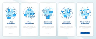 Assortment planning models blue onboarding mobile app screen. Walkthrough 5 steps editable graphic instructions with linear concepts. UI, UX, GUI template. Montserrat SemiBold, Regular fonts used clipart