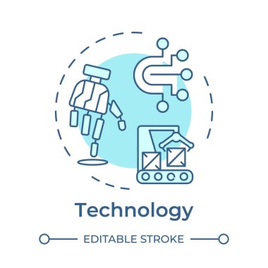 Teknoloji yumuşak mavi konsept ikonu. PPT çerçevesi. İş çözümleri. Üretim ve üretim hattı. Yuvarlak şekil çizimi. Soyut bir fikir. Grafik tasarımı. Makalede kullanması kolay