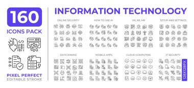 Bilgi teknolojisi çizgi simgeleri koleksiyonu ayarladı. Çevrimiçi güvenlik. Veri madenciliği. Bulut hesaplama. BT mega paket doğrusal piktogram, piksel mükemmel. İzole vektör çizimleri. Düzenlenebilir vuruş