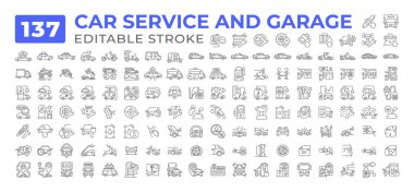 Araba servisi ve garaj hattı simgeleri büyük set. Araba kazası. Otomotiv tamiri. Yağ benzini. Taksi kirası. Elektrikli araç simgesi ana hatlı piktogramlar. İzole edilmiş doğrusal vektör çizimleri. Düzenlenebilir vuruş