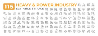 Ağır enerji sanayii hattı büyük setleri simgeliyor. Fabrika onarımı, havacılık. Kömür madenciliği, petrol üretimi ikonası Pictogram taslağı. İzole edilmiş doğrusal vektör çizimleri. Düzenlenebilir vuruş