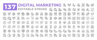 Dijital pazarlama çizgisi simgeleri büyük set. Geri bildirim müşterisi. Siber güvenlik, teslimat. AI ekommerce online alışveriş simgesi ana hatları pictogram. İzole edilmiş doğrusal vektör çizimleri. Düzenlenebilir vuruş