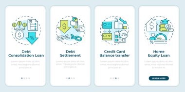 Mobil uygulama ekranında borç azaltma seçenekleri. Doğrusal kavramlarla düzenlenebilir grafik yönergelerini dört adımda gözden geçir. UI, UX, GUI şablonu. Montserrat Yarı Kalın, Düzenli yazı tipleri