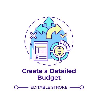 Ayrıntılı bir bütçe çoklu renk konsepti simgesi oluştur. İş raporu, kişisel finans. Yuvarlak şekil çizimi. Soyut bir fikir. Grafik tasarımı. Bilgide ve sunumda kullanması kolay