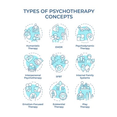 Yumuşak mavi konsept ikonlarının psikoterapi türleri. Psikolojik durumlar. Özfarkındalık. Simge paketi. Vektör görüntüleri. Bilgi ve sunum için yuvarlak şekilli çizimler. Soyut fikir