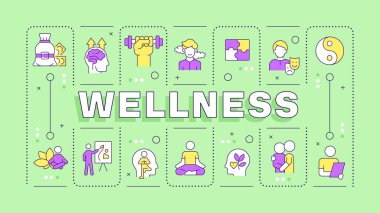 Sağlıklı yeşil kelime konsepti. Duygusal sağlık, psikoloji. Dosha meditasyonu, bütünsel iyileşme. Tipografi afişi. Başlık metniyle vektör illüstrasyonu, düzenlenebilir simge rengi. İnbot Sans yazı tipi kullanıldı