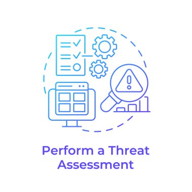 Bir tehdit değerlendirmesi yapın. Mavi gradyan konsept simgesi. Güvenlik standartları, savunmasızlık. Yuvarlak şekil çizimi. Soyut bir fikir. Grafik tasarımı. Bilgide ve sunumda kullanması kolay