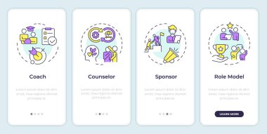 Mobil uygulama ekranında ortak danışman rolleri. Doğrusal kavramlarla birlikte düzenlenebilir grafik yönergelerini gezdir. UI, UX, GUI şablonu. Montserrat Yarı Kalın, Düzenli yazı tipleri