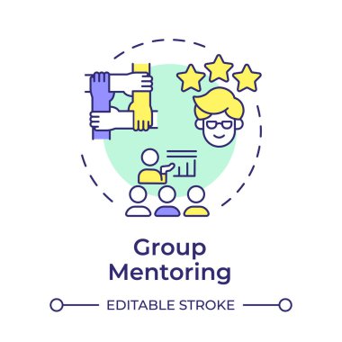 Grup danışmanlığı çok renkli konsept simgesi. Grup toplantıları. Profesyonel büyüme. Takım oluşturma. İşbirliği. Yuvarlak şekil çizimi. Soyut bir fikir. Grafik tasarımı. Günlük paylaşımında kullanması kolay