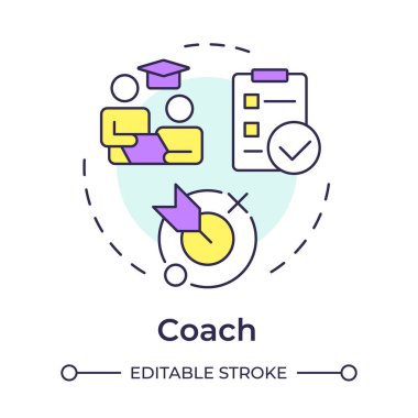 Koç çok renkli konsept ikonu. Mentee potansiyelinin çözülmesine yardım ediyorum. Yetenek geliştirme. Profesyonel büyüme. Yuvarlak şekil çizimi. Soyut bir fikir. Grafik tasarımı. Günlük paylaşımında kullanması kolay