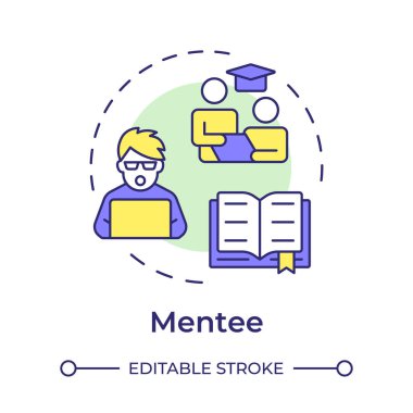 Mentee çok renkli konsept simgesi. Bilgi ve uzmanlık kazanan biri. Öğrenci. Eğitici neşe. Yuvarlak şekil çizimi. Soyut bir fikir. Grafik tasarımı. Makalede kullanması kolay