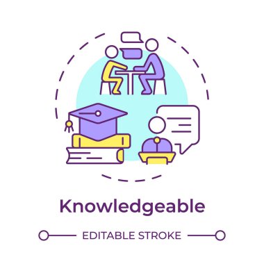 Bilinen çok renkli konsept simgesi. Akıl hocası nitelikleri. Derin bir uzmanlık ve bilgiye sahip olmak. Rehberlik ve öğretim. Yuvarlak şekil çizimi. Soyut bir fikir. Grafik tasarımı. Kullanımı kolay