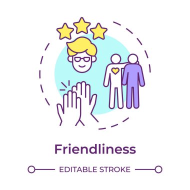 Dostluk çok renkli konsept simgesi. Akıl hocası kalitesinde. Açık ve dost canlısı biri. Hoş geldin ortamı yarat. Yuvarlak şekil çizimi. Soyut bir fikir. Grafik tasarımı. Makalede kullanması kolay