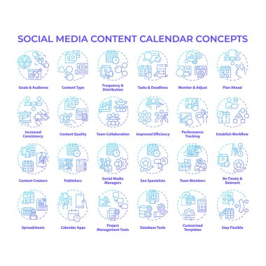 Sosyal medya içeriği takvimi mavi gradyan konsept simgeleri. Etkili sosyal medya stratejileri uygulanıyor. Proje yönetimi. Simge paketi. Vektör görüntüleri. Yuvarlak şekilli çizimler. Soyut fikir