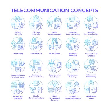 Telekomünikasyon mavi gradyan konsept simgeleri. Telekom endüstrisi. Kablolu ve kablosuz bağlantı. Sinyal iletimi. Simge paketi. Vektör görüntüleri. Yuvarlak şekilli çizimler. Soyut fikir