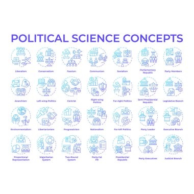 Siyaset bilimi mavi eğimli konsept simgeleri. Hükümet yapısı ve sosyal politika. Siyasi ideoloji. Kanun yönetmeliği. Simge paketi. Vektör görüntüleri. Yuvarlak şekilli çizimler. Soyut fikir