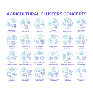 Tarım kümeleri mavi gradyan konsept simgeleri. Gıda üretimi ve dağıtımı. Küme çiftçiliği. Ortak kaynaklar. Simge paketi. Vektör görüntüleri. Yuvarlak şekilli çizimler. Soyut fikir