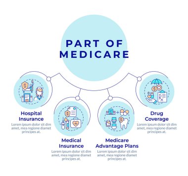 Devlet sağlık sigortası dairesel diyagramı. Tıbbi avantaj planı. Veri görselleştirmesi ve 4 seçenek. Hiyerarşi çizelgesi. Montserrat Yarı Kalın, Lato Düzenli yazı tipleri