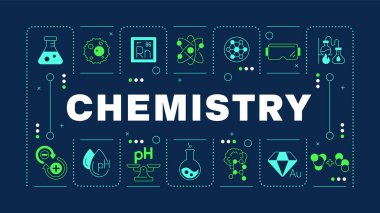 Kimya koyu mavi kelime konsepti. Okul konusu. Laboratuvar ekipmanları. Kimyasal bağ ve reaksiyon. Görsel iletişim. Harfli vektör sanatı, düzenlenebilir sembol. İnbot Sans yazı tipi kullanıldı