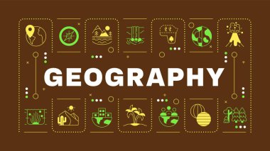 Coğrafya kahverengi kelime kavramı. Okul konusu. Manzaralar ve çevre. Dünya haritası. Görsel iletişim. Harfli vektör sanatı, düzenlenebilir sembol. İnbot Sans yazı tipi kullanıldı