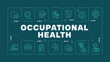 Mesleki sağlık. Koyu mavi kelime konsepti. İşçi tazminatı, tıbbi bakım. İş yeri, hastalık. Yatay vektör görüntüsü. Düzenlenebilir taslak simgelerle çevrili başlık metni. İnbot Sans yazı tipi kullanıldı