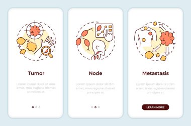 TNM sistemi mobil uygulama ekranında. Kanser, doğrusal kavramlarla düzenlenebilir grafik yönergelerini üç adımda gözden geçirir. UI, UX, GUI şablonu. Montserrat Yarı Kalın, Düzenli yazı tipleri