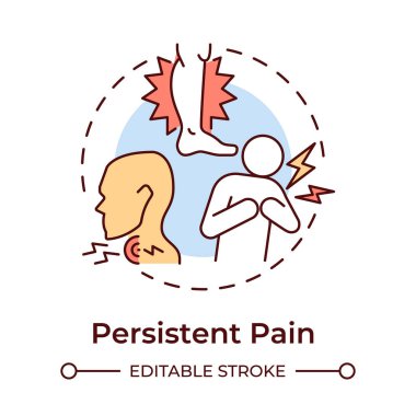 Sürekli acı veren çok renkli konsept ikonu. Kanser belirtileri. Göğüs ve bacakta kronik ağrı. Kas ağrısı. Yuvarlak şekil çizimi. Soyut bir fikir. Grafik tasarımı. Makalede kullanması kolay