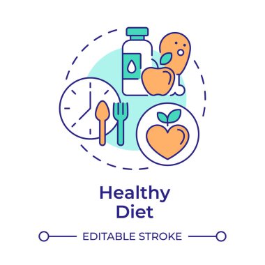 Sağlıklı diyet çok renkli konsept simgesi. Kanseri önleme. Sağlıklı beslenme. Diyet yapıyorum. Dengeli beslenme. Yuvarlak şekil çizimi. Soyut bir fikir. Grafik tasarımı. Broşürde kullanması kolay