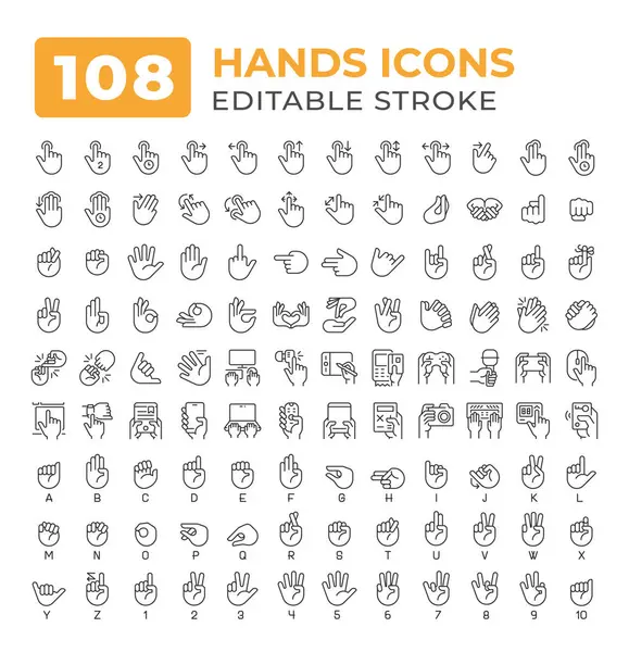 stock vector Devices holding hands gestures line icons big set. Using gadgets. Finger touchscreen. Deaf sign language asl iconset outline pictograms. Isolated linear vector illustrations. Editable stroke