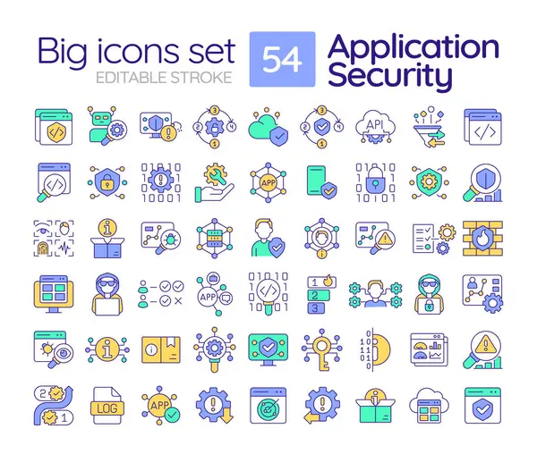 Stock vector Application security RGB color icons set. Data breach, api interface. Risk management, access control. Isolated vector illustrations. Simple filled line drawings collection. Editable stroke