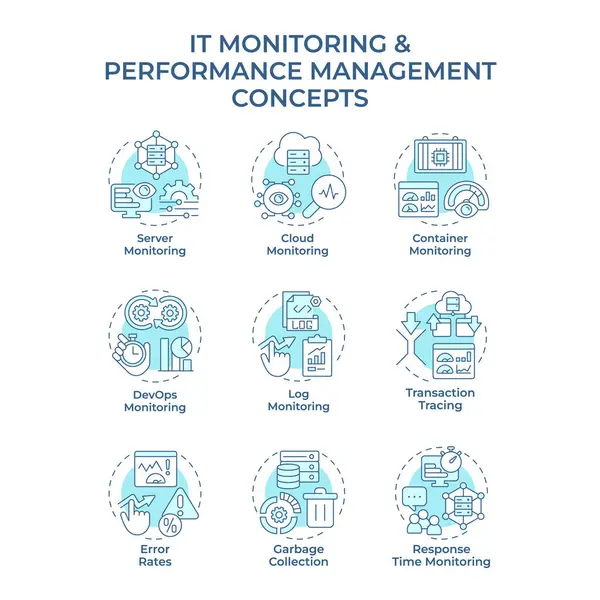 stock vector IT monitoring and performance management soft blue concept icons. Development operations. Icon pack. Vector images. Round shape illustrations for infographic, presentation. Abstract idea