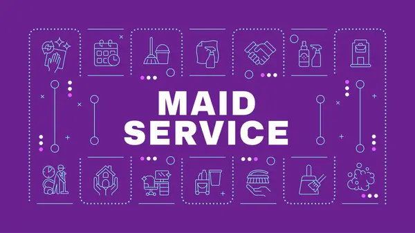 stock vector Maid service purple word concept. Office cleaning, housecleaning. Household maintenance. Horizontal vector image. Headline text surrounded by editable outline icons. Hubot Sans font used