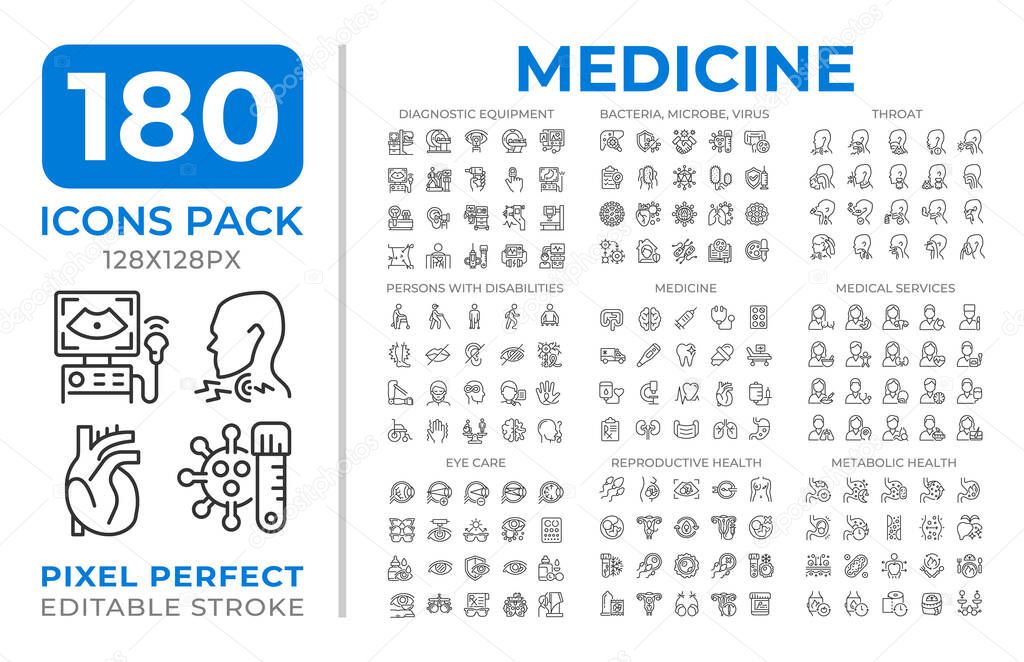 Medicine line icons set collection. Disabilities, diagnostics. Diseases treatments. Medical services mega pack of linear pictograms, pixel perfect. Isolated vector illustrations. Editable stroke